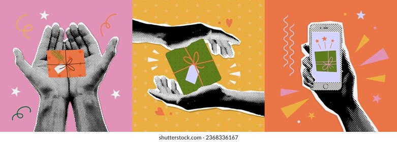 Set of greeting cards in flat retro style with mixed media halftone stickers. Collage cutout paper hands holding decorated gift boxes and phone with online gift. Vector eps10 illustration.