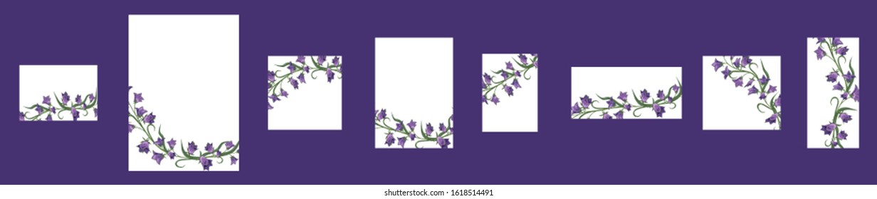 Set of greeting cards with floral pattern on white background. Wild blue field bells on a white background. Seamless brush in swatches.