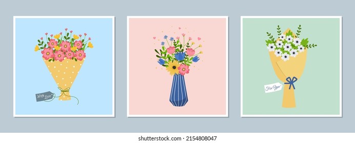 Set of greeting cards with flower bouquets. Florist compositions for holiday celebration. Template for greeting card, invitation, stickers, postcard, poster, print. Vector illustration