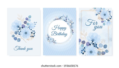 Set of greeting cards. Flower frame with blue flowers, golden flowers and eucalyptus leaves on gold frame. Happy Birthday, thank you, for you.