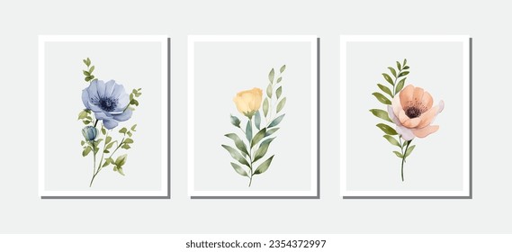Set of greeting cards. Flower frame with peach flowers, golden flowers and eucalyptus leaves on gold frame. Happy Birthday, thank you, for you.