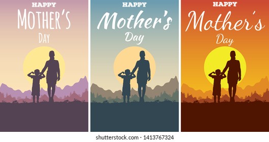 Set of greeting cards or flyers for Happy Mother's Day. Silhouette of standing in a field mother and son on background a mountain sunny landscape. A woman put her hand on a child's shoulder.