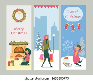 Set Greeting Cards, Flyers, Merry Christmas Banner. Girl Opens Gift near Fireplace Decorated with Garland and Wreath. Woman Walking with Packages on City Street. Girl in Deer Horns Having Fun Sledding