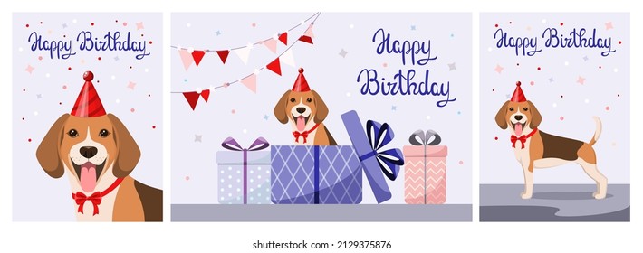 A set of greeting cards with a funny beagle dog. Happy birthday cartoon design. Vector illustration.
