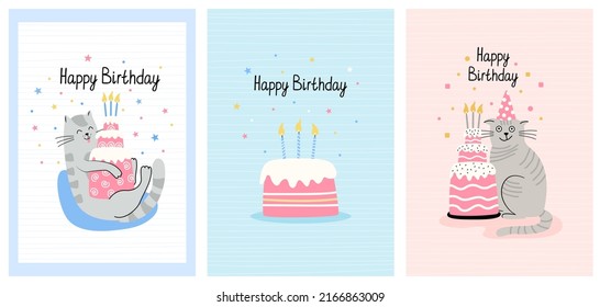 Set of greeting cards with funny cats and birthday cakes. Hand drawn flat vector illustration and lettering. Funny pet. 