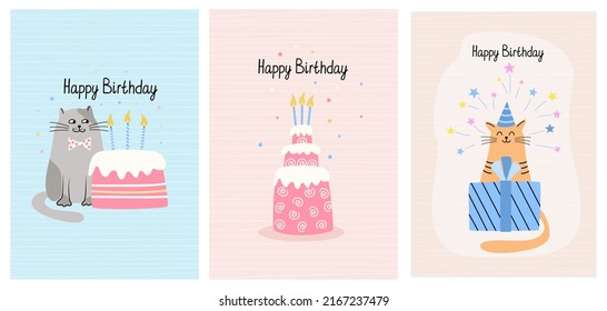 Set of greeting cards with funny cats and birthday cakes. Hand drawn flat vector illustration and lettering. Funny pet. 