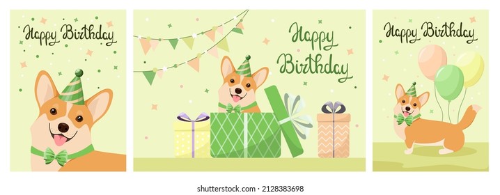 A set of greeting cards with a funny corgi dog. Cartoon design. Vector illustration.
