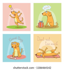 Set of greeting cards with funny cute dogs in soft pastel color. Vector illustration of happy animal characters in a cartoon style doodle.