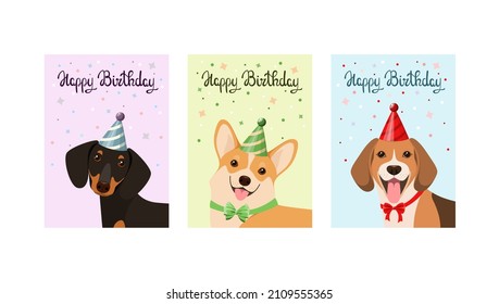 A set of greeting cards with funny dogs. Happy Birthday. Cartoon design.
