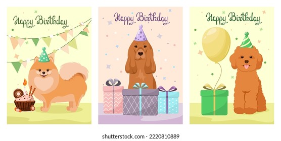 A set of greeting cards with funny dogs. Happy Birthday. Pets. Cartoon design.
