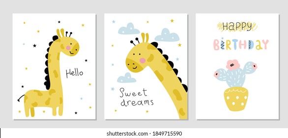 Set of greeting cards with a funny giraffe. Vector illustration with flowers, in a modern cartoon style, for printing on packaging paper, postcard, poster, banner, clothing. Cute children's background