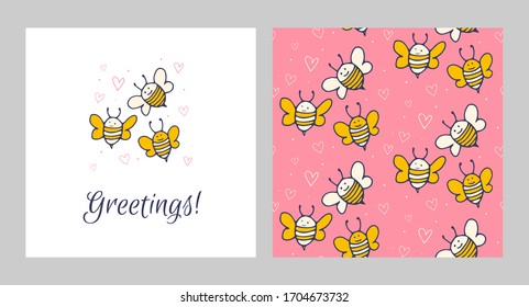 Juego de tarjetas de felicitación. Patrón gracioso con una linda abeja amarilla