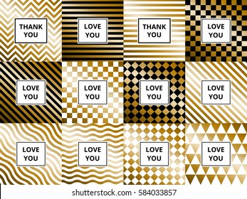 Set of greeting cards. Geometric abstract golden vector backgrounds, zigzag, striped, wave, triangle and chess pattern.