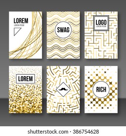 Set of greeting cards, gift tags, certificate. Golden banners postcards shapes.