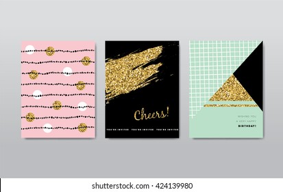 Set of greeting cards with golden glitter elements