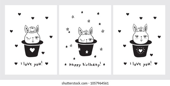 Set of Greeting cards with hand drawn cute rabbit in a magic black cylinder.  Black and white. Vector illustration.