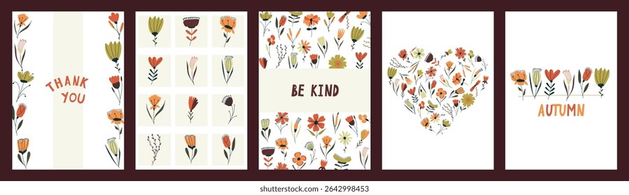 Set of greeting cards with hand-drawn flowers. Autumn Wreath. abstract flat spring flora shapes in pastel Vector Image. 