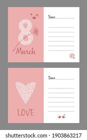 Set of greeting cards Happy 8 March and Valentine's Day. Women's Day and Day of Love. Use for printing in typography.