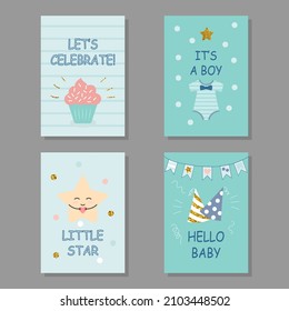 set of greeting cards happy birthday newborn baby boy, son. collection of 4 cute templates. vector illustration hand drawn style. kids kawaii blue background