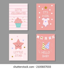 set of greeting cards happy birthday newborn girl. collection of 4 cute templates. vector illustration hand drawn style. baby congratulations card