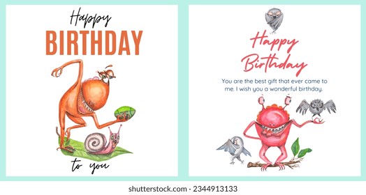 Set of greeting cards "Happy Birthday". Monsters are dragons. Painted with watercolors