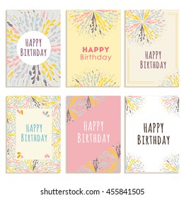 Set of greeting cards Happy Birthday with abstract patterns in pastel colors. Vector illustration.