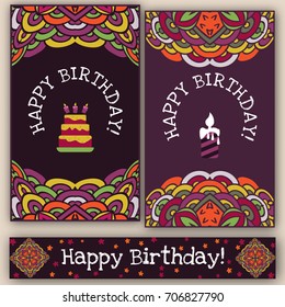 Set greeting cards. happy Birthday, made of flowers ,herbs, leaves . very detailed doodles