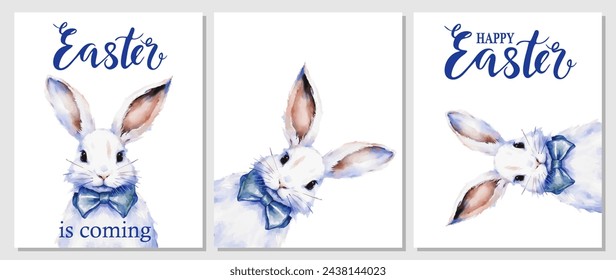 Conjunto de tarjetas de felicitación. ¡Feliz Pascua! Acuarela de color conejo de Pascua sobre fondo blanco.  Ilustración vectorial, impresión