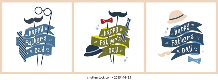 Set of greeting cards - Happy Father's Day. Happy Father's Day lettering ribbon wraps around a striped tie, mustache and glasses, a red bow tie and bowler hat.
