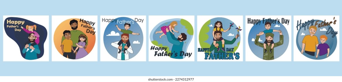 Set of greeting cards for Happy Father's Day on light blue backg