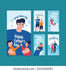 Set of greeting cards for Happy Father's Day. illustration of very happy father and son playing in the yard flat style blue white background.