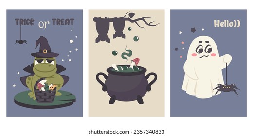 Set of greeting cards to Happy Halloween party. Hand drawn doodle Cute ghost, spider, wizard's hat, funny  frog with basket, bat silhouette, halloween candy, potion cauldron. Vector illustration