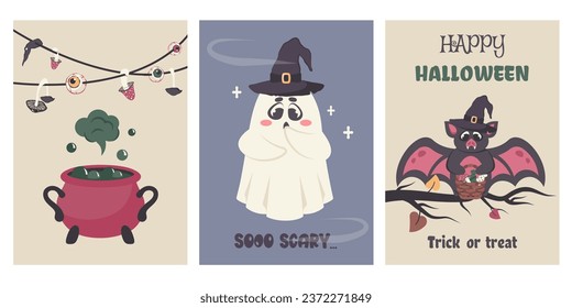 Set of greeting cards to Happy Halloween party. Cute scared ghost in wizard hat, funny bat with basket, halloween candy, Potion cauldron, greeting text. Vector cartoon illustration