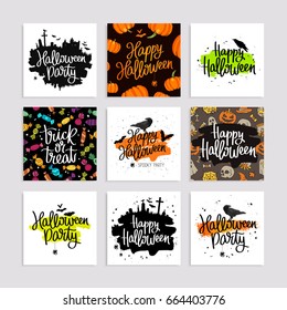 Set of greeting cards for Happy Halloween. Vector illustration. Lettering and calligraphy.