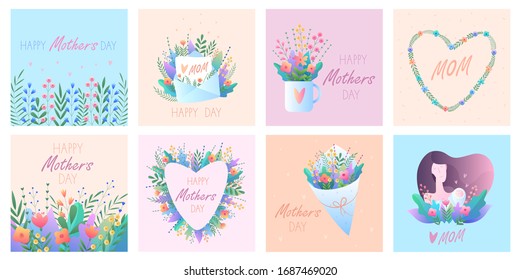 Set of greeting cards Happy Mothers Day. Vector illustration with flowers, hearts, mom and baby. Nice postcards for your holiday.