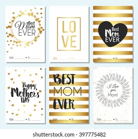 Set of greeting cards and Happy mothers day design elements. Vector illustration invitation, menu, flyer, template. White and gold Background With Ornaments, hearts. Best mom ever. Love.