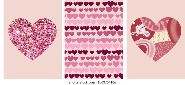 Set of greeting cards Happy Valentine's Day. The background is beige. The heart is made in pink glitter and a collage of abstraction. Can be used as a background. Artistic vector illustration
