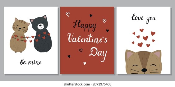 A set of greeting cards. Happy Valentine's Day. A couple of cute cats, lettering, a cat's face with hearts. Vector illustration
