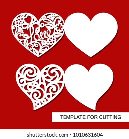 Set of greeting cards.  Hearts. Decoration for Valentine's Day. Template for laser cutting, wood carving, paper cut and printing.