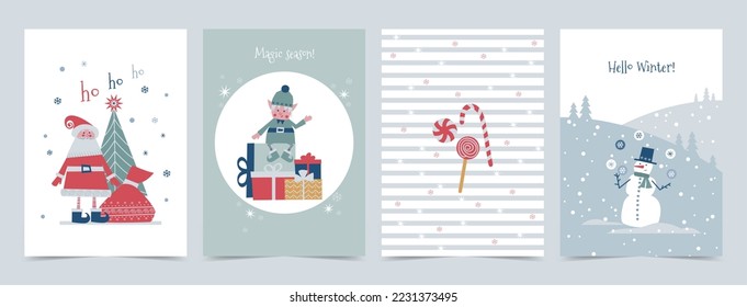 Set of greeting cards, holiday covers for winter holidays with children's plot. Santa with a bag and a Christmas tree, a cute elf with gifts, a snowman in a winter landscape, holiday candies. Vertical