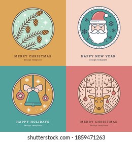 Set of Greeting Cards with Icon, Symbol of New Year and Christmas. Fir Branch, Cone, Santa Claus, Bell, Christmas Toy, Glass Ball, Deer head. Pastel colors. Template for Tags, Greeting Card, Sticker