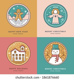 Set of Greeting Cards with Icon, Symbol of New Year and Christmas. Gingerbread, Angel, Snow House, Snowman. Pastel colors. Template for Tags, Greeting Card, Sticker