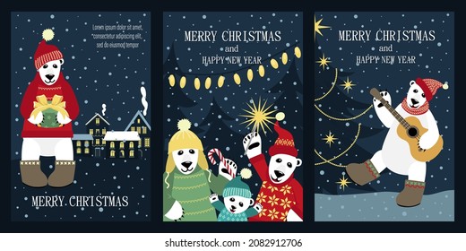 A set of greeting cards with the image of cute polar bears. Merry christmas and new year. Design elements for postcard, flyer, banner.