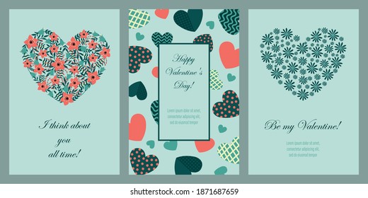 Set of greeting cards with the image of different hearts. Valentine's Day. Template for postcards, flyers, banners.