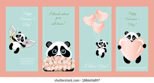 Set of greeting cards with the image of pandas. Happy Valentine's day. Template for postcard, flyer, banner.