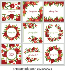 Set of greeting cards with the image of a pomegranate. Vector illustration.