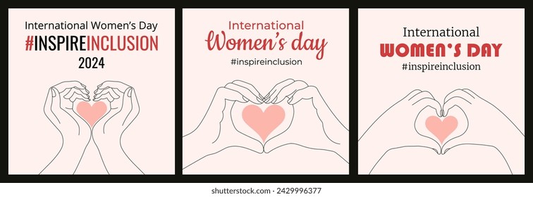 Set of greeting cards Inspire Inclusion. International Women's Day holiday posters in trendy line style. Vector illustration for social networks, banners, cards, prints. Editable stroke