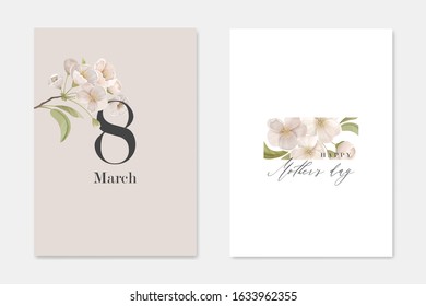 Set of Greeting Cards for International 8 March Holiday and Mother's Day. Elegant Composition with White Cherry Flowers on Beige Background. Printable Banners with Floral Elements Vector Illustration