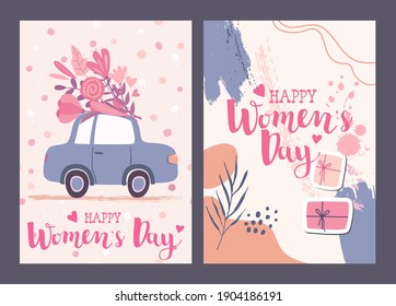 Set of greeting cards for International Women's Day with big bouquet on the car roof. 8 March