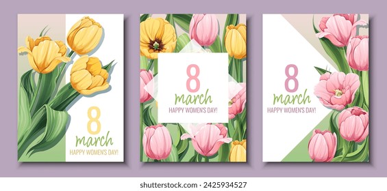 Conjunto de tarjetas de felicitación para el Día Internacional de la Mujer. Cartel con tulipanes amarillos y rosas para el 8 de marzo. Plantilla de vector con ramo de primavera